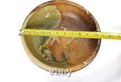 VTG Studio Art Pottery Large Bowl Wheel Thrown Earth tones & Green Drip Glaze
