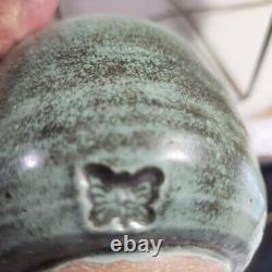 VTG Studio Art Pottery Vase Bowl POT green black 2 3/4 H butterfly makers mark