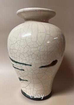 VTG Studio Art Vase Rift Zone Hawaii Pottery Green Metallic White Crackle Raku
