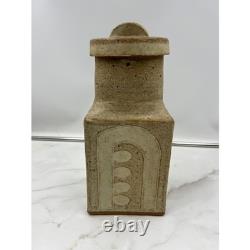 VTG Studio Pottery Lidded Canister Square Stoneware Jar Beige Cream Brutalist