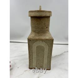 VTG Studio Pottery Lidded Canister Square Stoneware Jar Beige Cream Brutalist