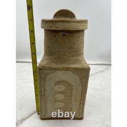 VTG Studio Pottery Lidded Canister Square Stoneware Jar Beige Cream Brutalist