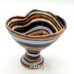 VTG Studio Pottery Striped Pedestal Bowl Signed MCM Wavy Rim Small