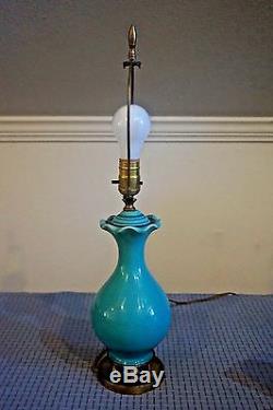 VTG Studio Pottery Turquoise Glazed Brass Table Lamp Blue Light Lighting