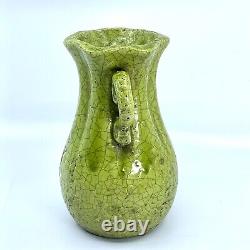 Vintage 10 Art Studio Pottery LIME Green Tuscan Crackle Pinhole Handle Vase MCM