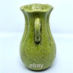 Vintage 10 Art Studio Pottery LIME Green Tuscan Crackle Pinhole Handle Vase MCM