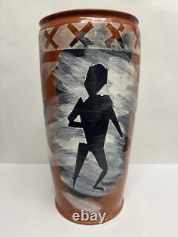 Vintage 11 Studio Art Pottery Vase Abstract Figures Signed Terracotta Vessel
