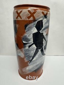 Vintage 11 Studio Art Pottery Vase Abstract Figures Signed Terracotta Vessel