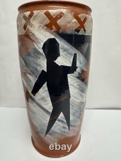 Vintage 11 Studio Art Pottery Vase Abstract Figures Signed Terracotta Vessel