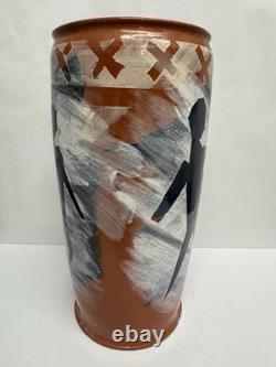 Vintage 11 Studio Art Pottery Vase Abstract Figures Signed Terracotta Vessel