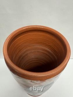 Vintage 11 Studio Art Pottery Vase Abstract Figures Signed Terracotta Vessel