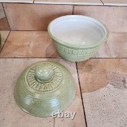 Vintage 1970's Handmade Studio Pottery Art Large Green Bowl & Lid Signed