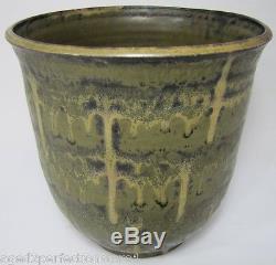 Vintage 1970s Studio Art Pottery Drip Glaze Pot Planter green black signed wgw