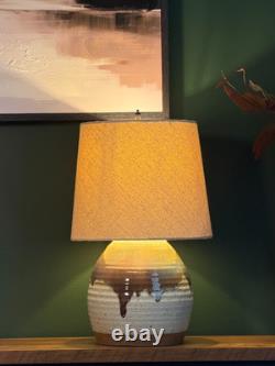 Vintage 1970s Studio Hand Thrown Stoneware Pottery Lamp Bulbous Blue and Brown