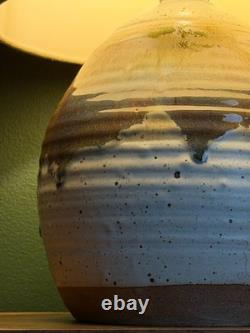 Vintage 1970s Studio Hand Thrown Stoneware Pottery Lamp Bulbous Blue and Brown