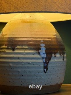Vintage 1970s Studio Hand Thrown Stoneware Pottery Lamp Bulbous Blue and Brown