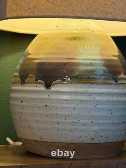 Vintage 1970s Studio Hand Thrown Stoneware Pottery Lamp Bulbous Blue and Brown