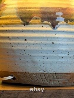 Vintage 1970s Studio Hand Thrown Stoneware Pottery Lamp Bulbous Blue and Brown