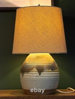 Vintage 1970s Studio Hand Thrown Stoneware Pottery Lamp Bulbous Blue and Brown