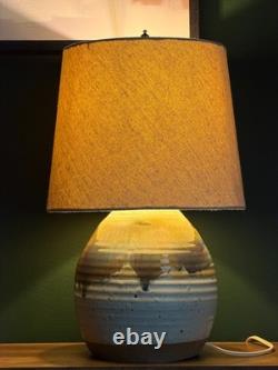 Vintage 1970s Studio Hand Thrown Stoneware Pottery Lamp Bulbous Blue and Brown
