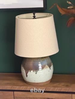 Vintage 1970s Studio Hand Thrown Stoneware Pottery Lamp Bulbous Blue and Brown