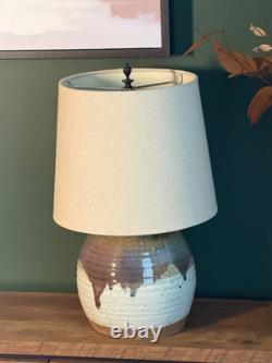 Vintage 1970s Studio Hand Thrown Stoneware Pottery Lamp Bulbous Blue and Brown