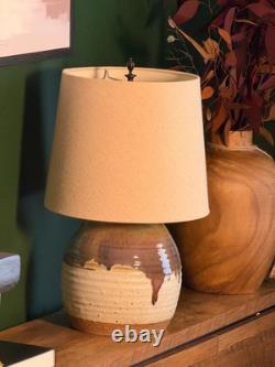 Vintage 1970s Studio Hand Thrown Stoneware Pottery Lamp Bulbous Blue and Brown