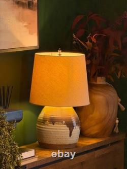 Vintage 1970s Studio Hand Thrown Stoneware Pottery Lamp Bulbous Blue and Brown
