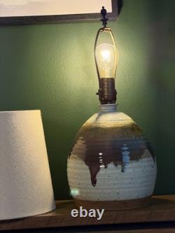Vintage 1970s Studio Hand Thrown Stoneware Pottery Lamp Bulbous Blue and Brown