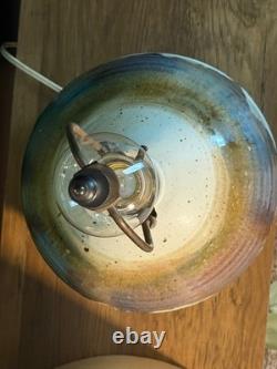 Vintage 1970s Studio Hand Thrown Stoneware Pottery Lamp Bulbous Blue and Brown