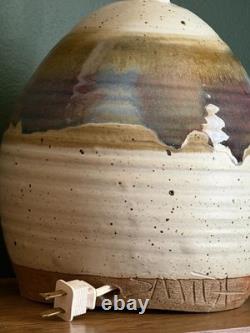 Vintage 1970s Studio Hand Thrown Stoneware Pottery Lamp Bulbous Blue and Brown