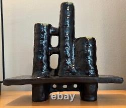 Vintage 1970s Triple Spout Handmade Abstract Ikebana Vase Modern Studio Pottery
