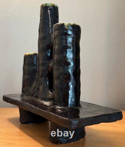 Vintage 1970s Triple Spout Handmade Abstract Ikebana Vase Modern Studio Pottery