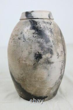 Vintage 1980 Signed Studio Pottery Raku Fired Ovoid Stoneware Ceramic Vase 9.75