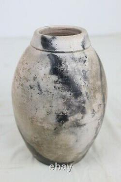 Vintage 1980 Signed Studio Pottery Raku Fired Ovoid Stoneware Ceramic Vase 9.75