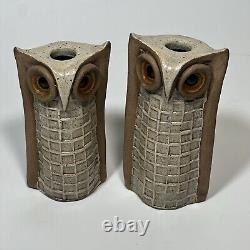 Vintage 1980s Clarence Cameron Studio Pottery Stoneware Owl Candleholders