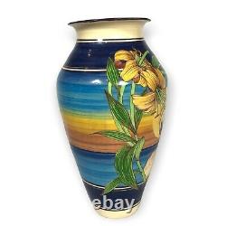 Vintage 1987 LAKSHMI Swan Sunset Vase 12 Studio Pottery Hand Painted Signed