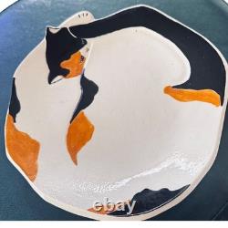 Vintage 1988 Donna Getsinger Studio Pottery Calico Cat Plate Signed Handmade 9
