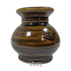 Vintage 3.5 Louis Mideke Brown Studio Pottery Bud Vase Leaf Tree High Gloss MCM