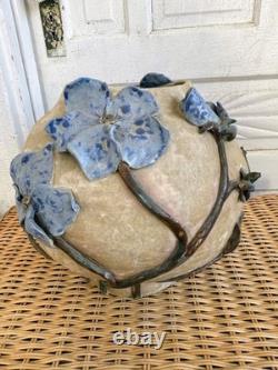 Vintage 60's Studio Pottery Hand-Formed OVAL Planter Pot Applied Blue Flowers