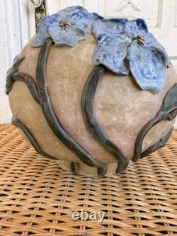 Vintage 60's Studio Pottery Hand-Formed OVAL Planter Pot Applied Blue Flowers