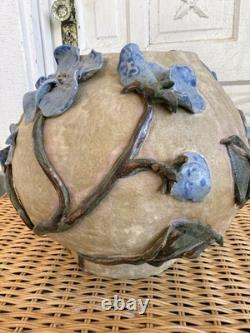 Vintage 60's Studio Pottery Hand-Formed OVAL Planter Pot Applied Blue Flowers