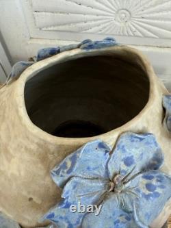 Vintage 60's Studio Pottery Hand-Formed OVAL Planter Pot Applied Blue Flowers