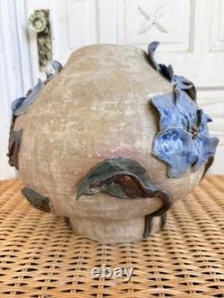 Vintage 60's Studio Pottery Hand-Formed OVAL Planter Pot Applied Blue Flowers