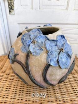 Vintage 60's Studio Pottery Hand-Formed OVAL Planter Pot Applied Blue Flowers