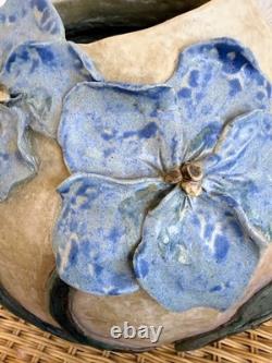 Vintage 60's Studio Pottery Hand-Formed OVAL Planter Pot Applied Blue Flowers