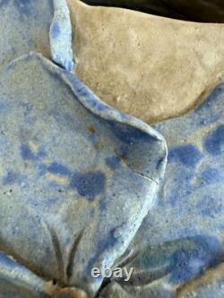 Vintage 60's Studio Pottery Hand-Formed OVAL Planter Pot Applied Blue Flowers
