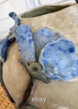 Vintage 60's Studio Pottery Hand-Formed OVAL Planter Pot Applied Blue Flowers