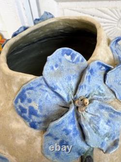 Vintage 60's Studio Pottery Hand-Formed OVAL Planter Pot Applied Blue Flowers