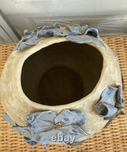 Vintage 60's Studio Pottery Hand-Formed OVAL Planter Pot Applied Blue Flowers